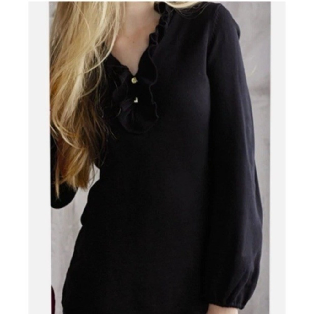 Mud Pie Laura Sweater Women's Medium Black Ruffle V Neck Gold Buttons New w/ Tag